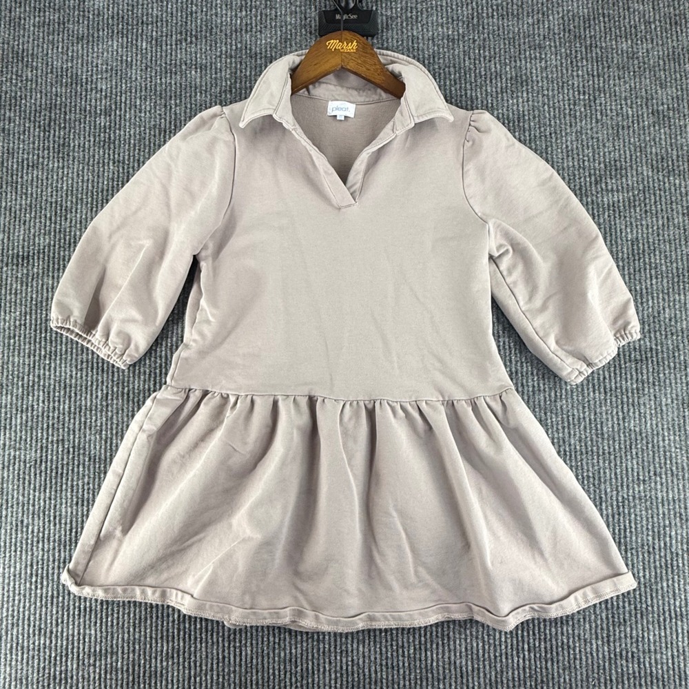 Pleat Sweatshirt Dress Girls 12 Taupe Excellent‎ V-Neck Puff Sleeve Drop Waist